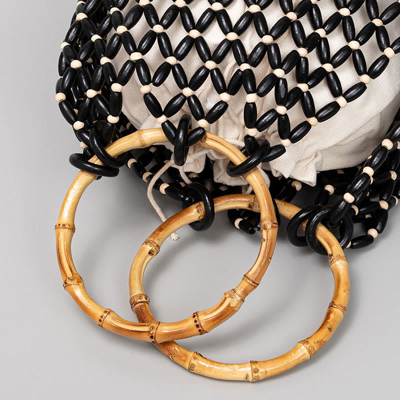 Hand-woven Wooden Beads Shoulder Bag with Bamboo Handle