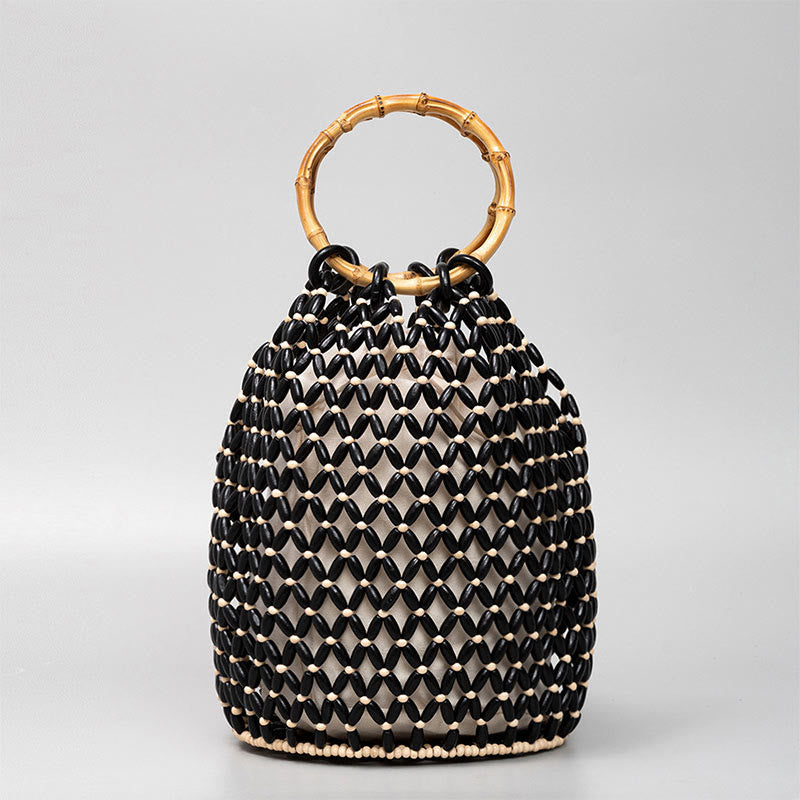 Hand-woven Wooden Beads Shoulder Bag with Bamboo Handle