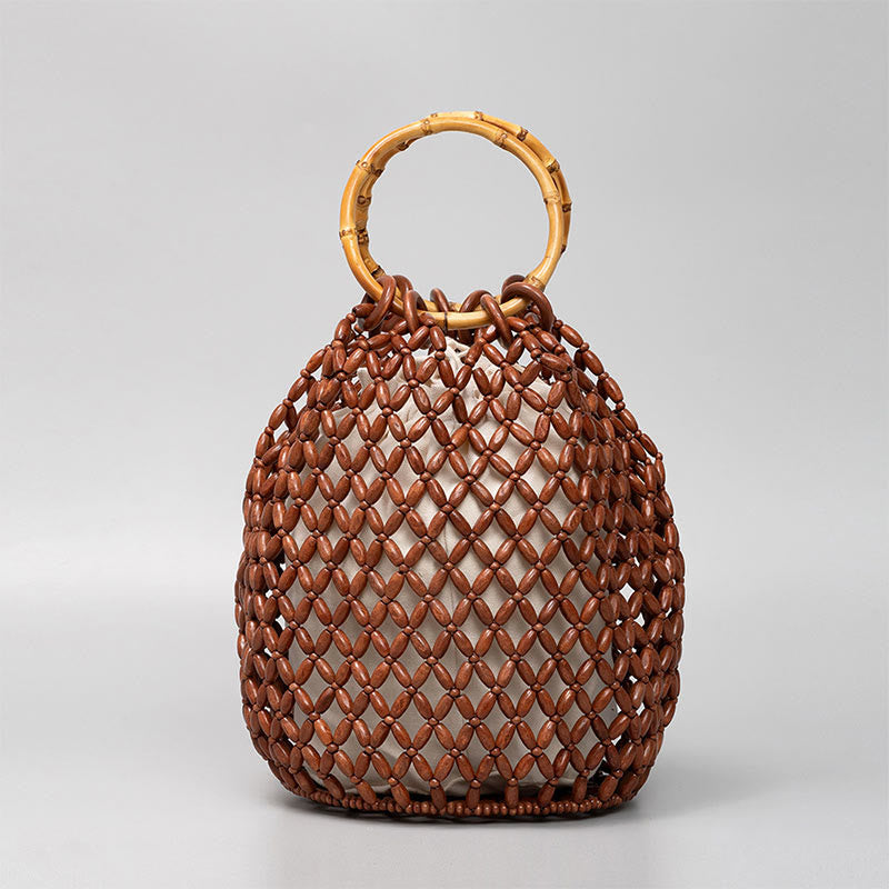 Hand-woven Wooden Beads Shoulder Bag with Bamboo Handle