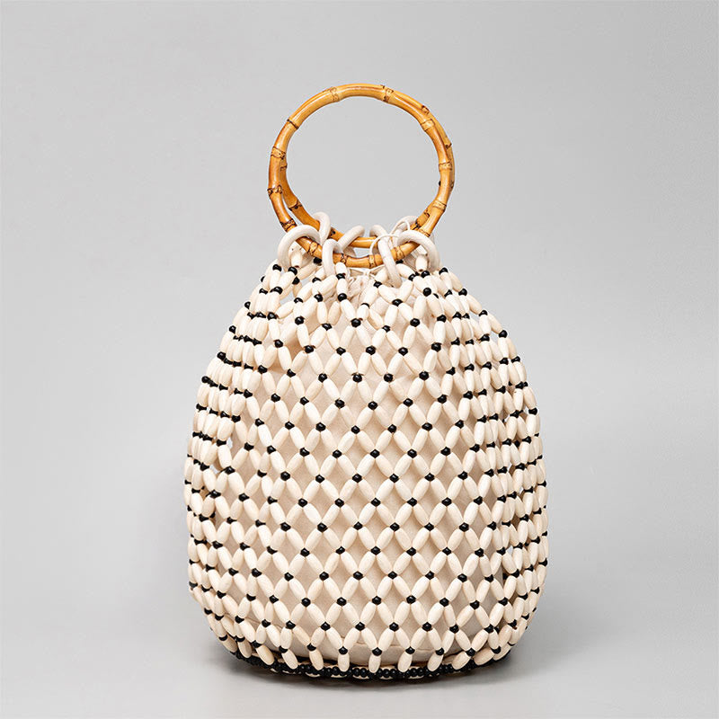 Hand-woven Wooden Beads Shoulder Bag with Bamboo Handle