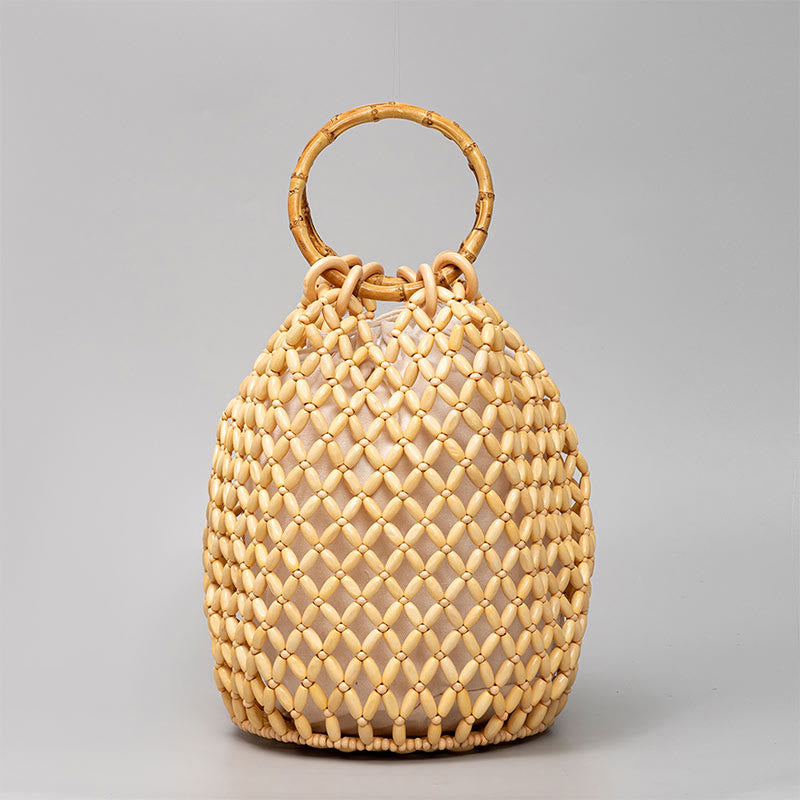 Hand-woven Wooden Beads Shoulder Bag with Bamboo Handle