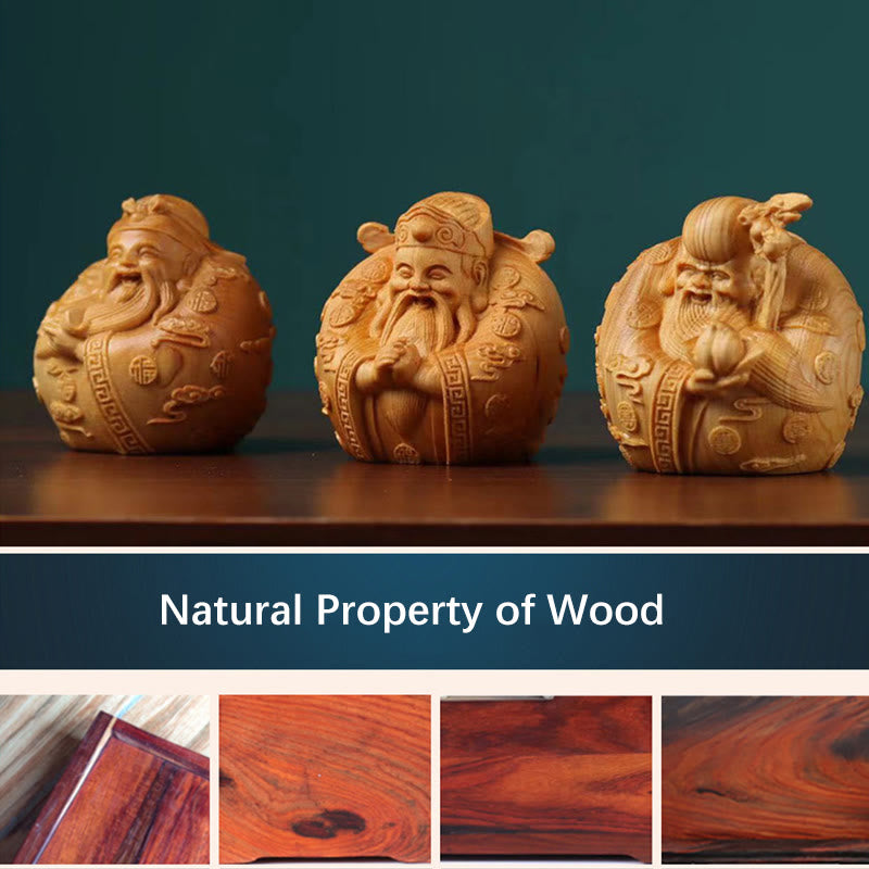 Handcrafted Feng Shui Mini Three Stars Wood Prosperity Decoration