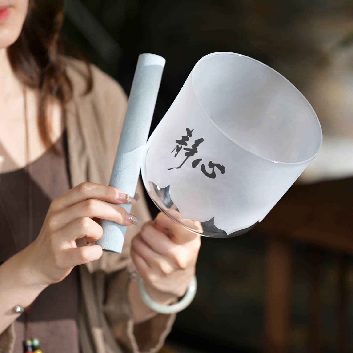 Frosted glass cup with Japanese characters, part of Handle Heart Crystal Singing Bowl