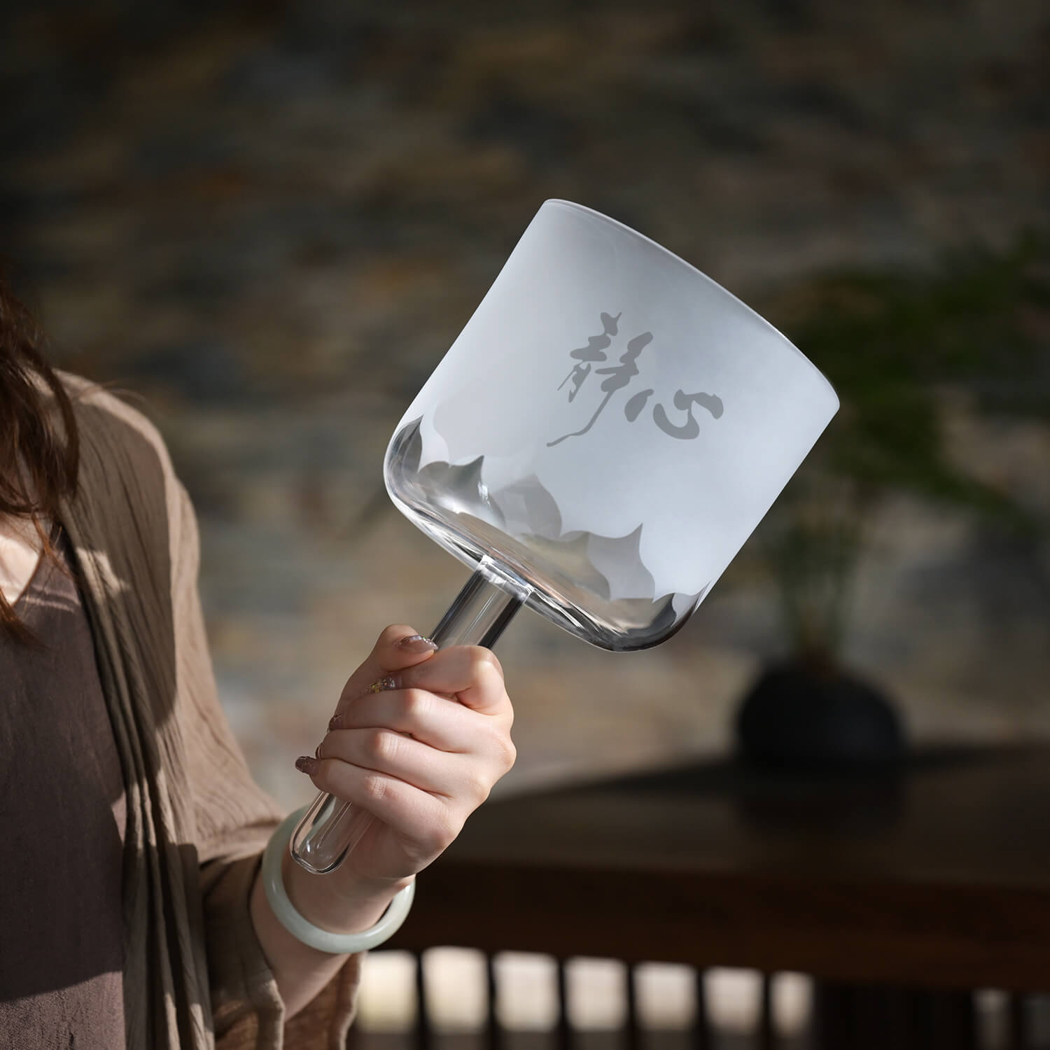 White frosted glass wine goblet with etched Asian characters for Handle Heart Crystal Singing Bowl