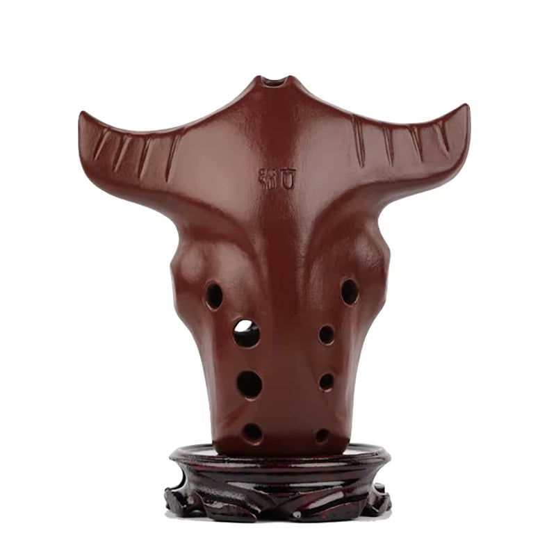 Brown ceramic bull head ocarina with six finger holes in Handmade 10-Hole Ceramic Xun