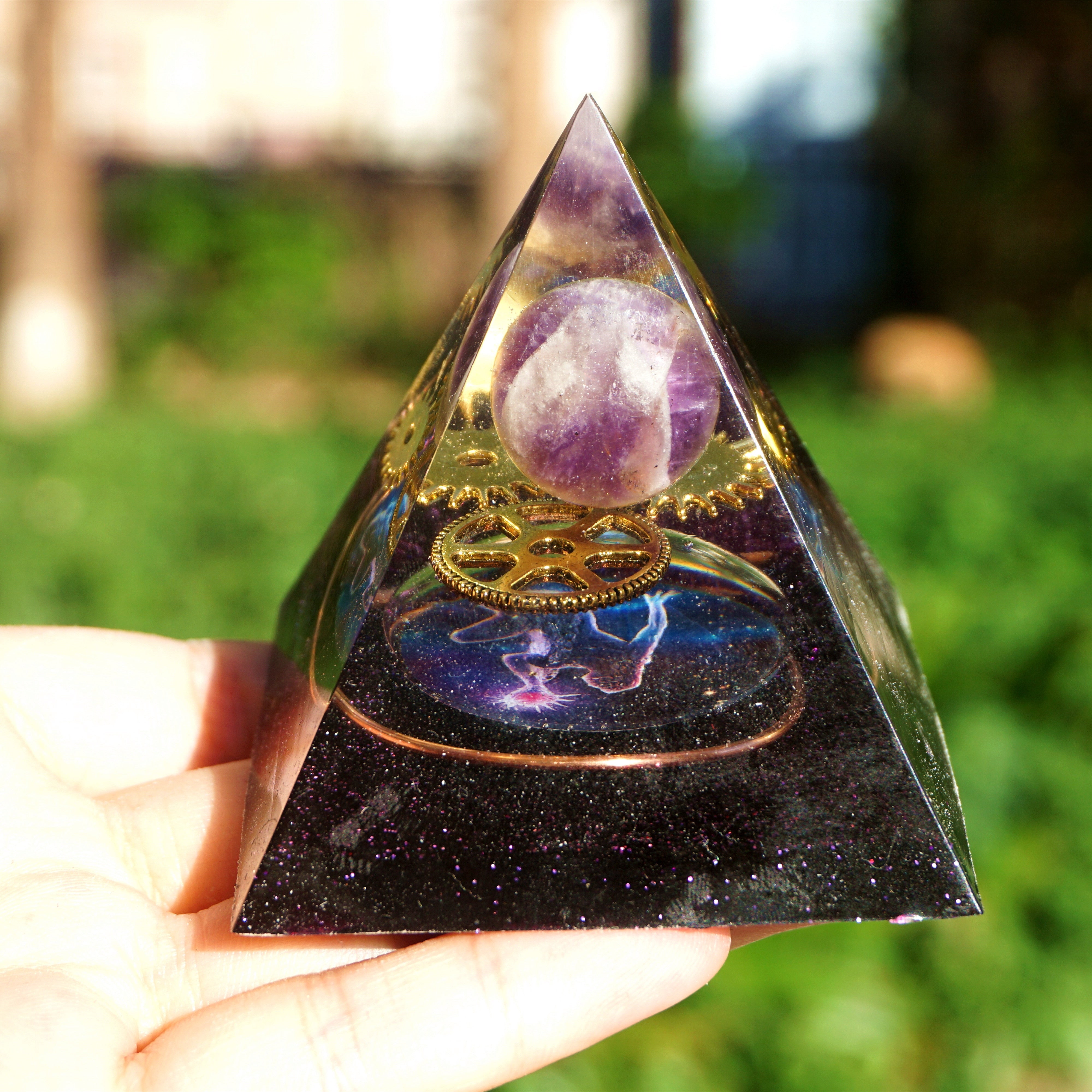 Handmade Amethyst Crystal Sphere Orgone Pyramid