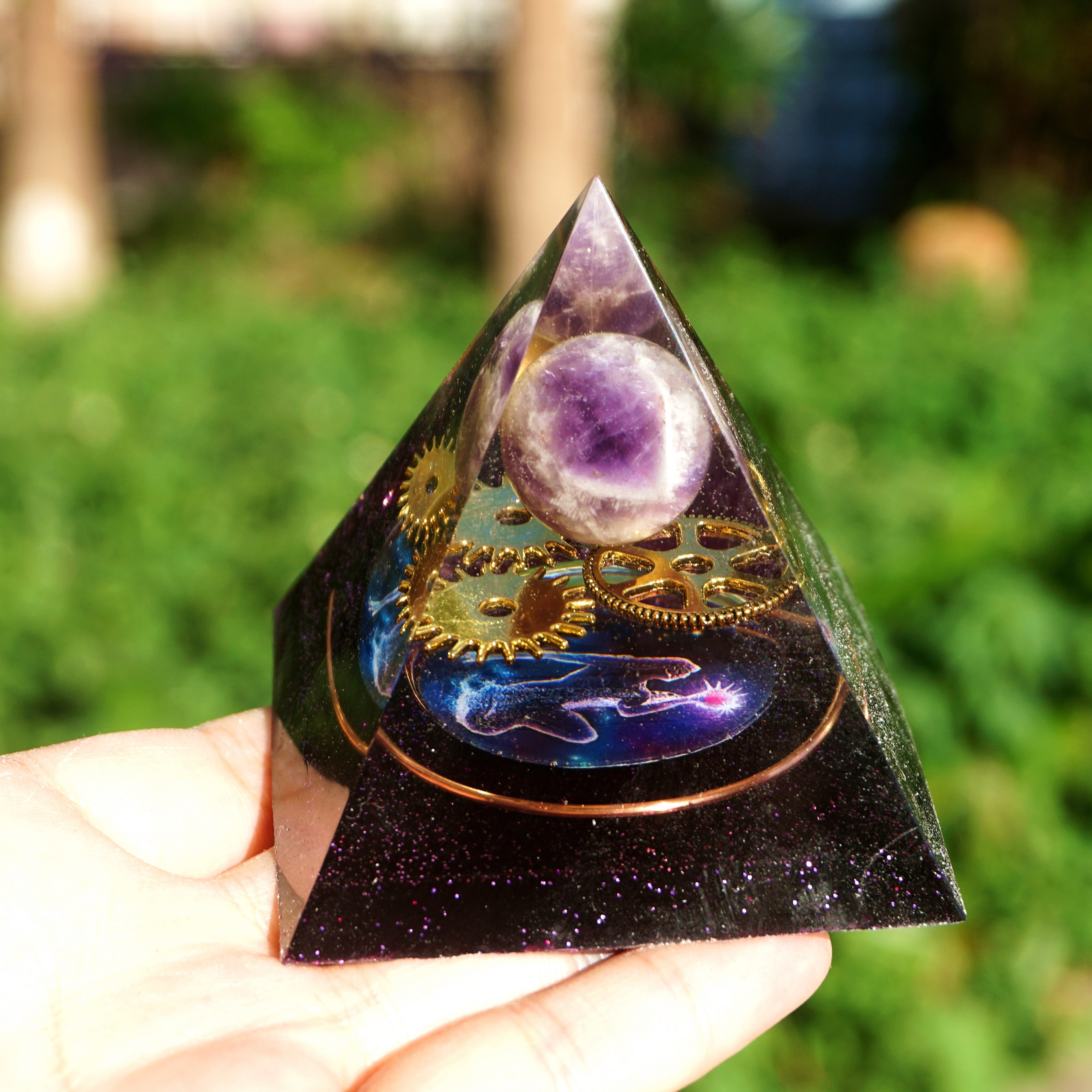 Handmade Amethyst Crystal Sphere Orgone Pyramid