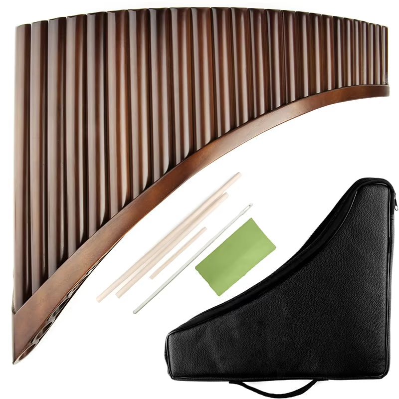 Handmade Bamboo Pan Flute G Key with carrying case and cleaning accessories displayed