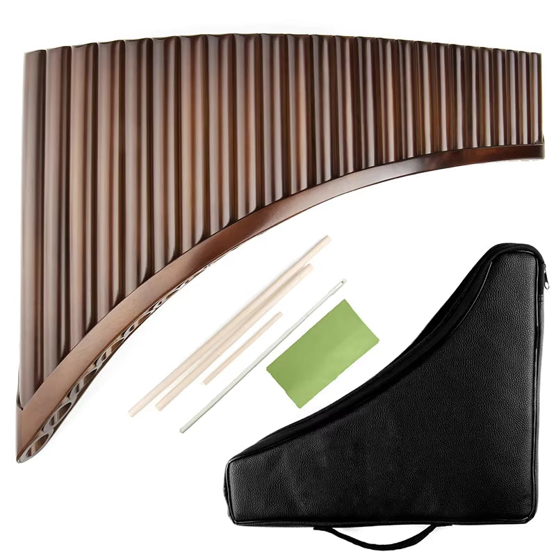 Handmade Bamboo Pan Flute G Key with case and cleaning accessories displayed together