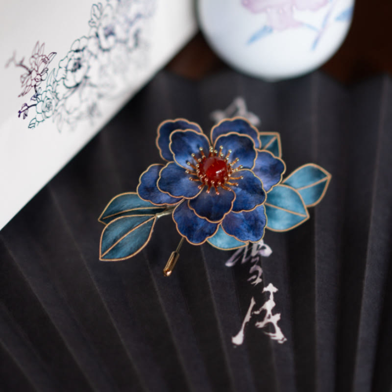 Handmade Blue Flowers Brooch in Mulberry Silk | Spiritual Jewelry