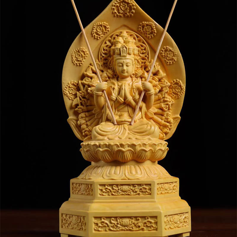 Handmade Boxwood Kwan Yin Statue 20cm Avalokitesvara Sculpture