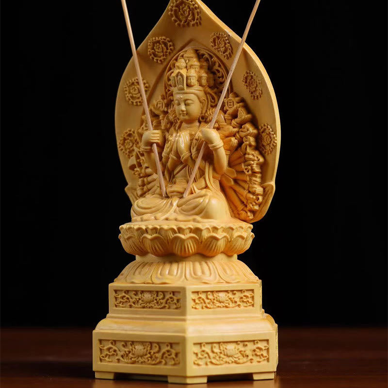 Handmade Boxwood Kwan Yin Statue 20cm Avalokitesvara Sculpture