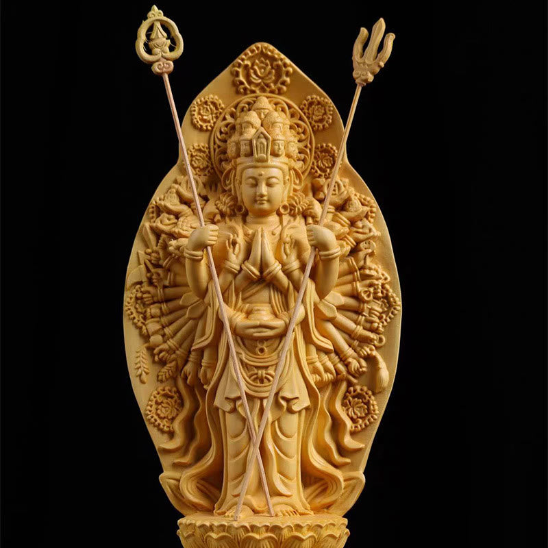 Handmade Boxwood Kwan Yin Statue 20cm Avalokitesvara Sculpture