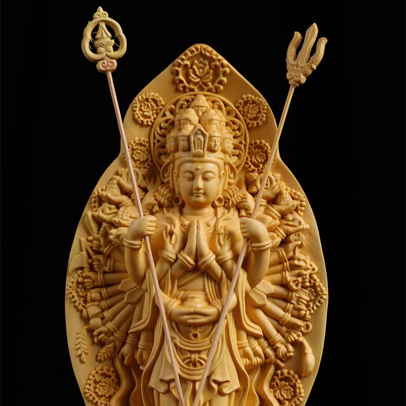 Handmade Boxwood Kwan Yin Statue 20cm Avalokitesvara Sculpture