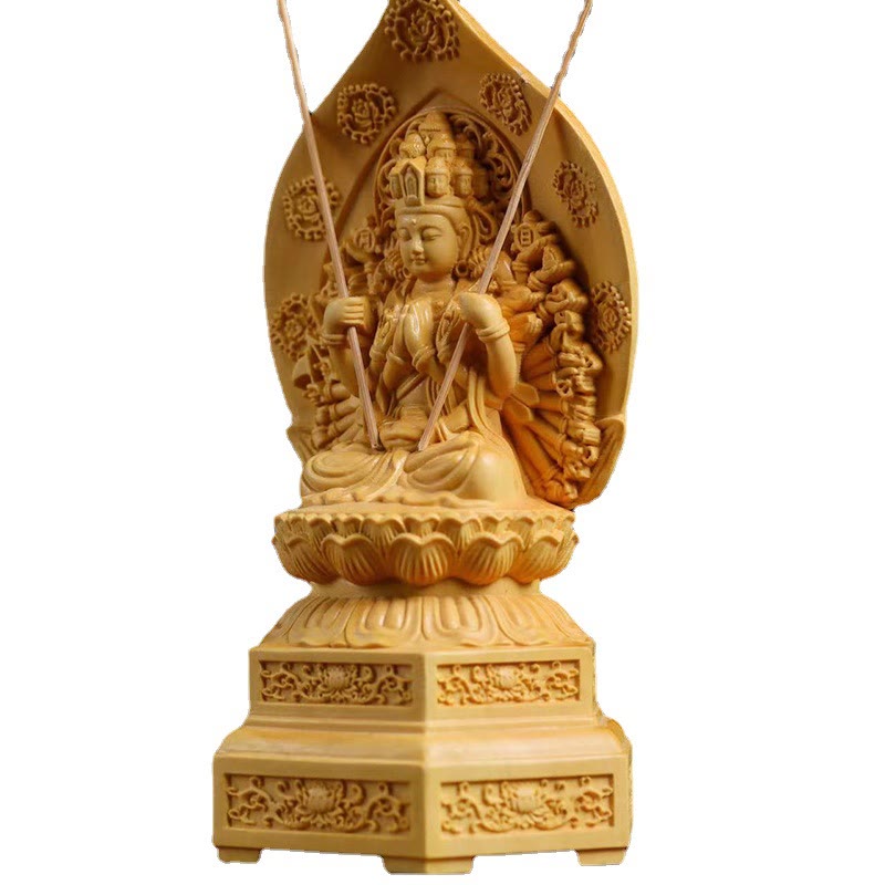 Handmade Boxwood Kwan Yin Statue 20cm Avalokitesvara Sculpture