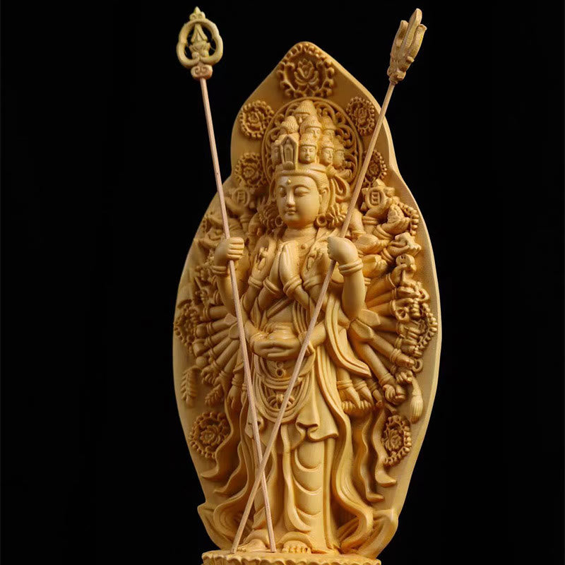 Handmade Boxwood Kwan Yin Statue 20cm Avalokitesvara Sculpture