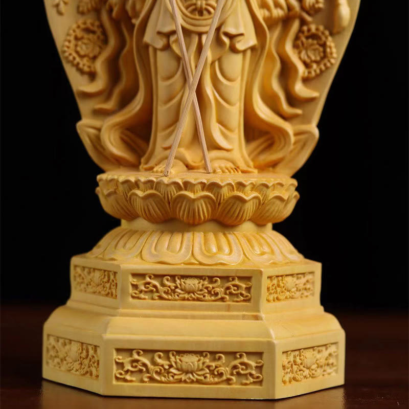 Handmade Boxwood Kwan Yin Statue 20cm Avalokitesvara Sculpture