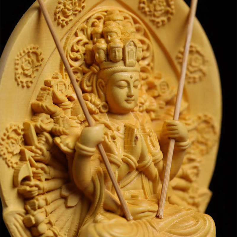 Handmade Boxwood Kwan Yin Statue 20cm Avalokitesvara Sculpture