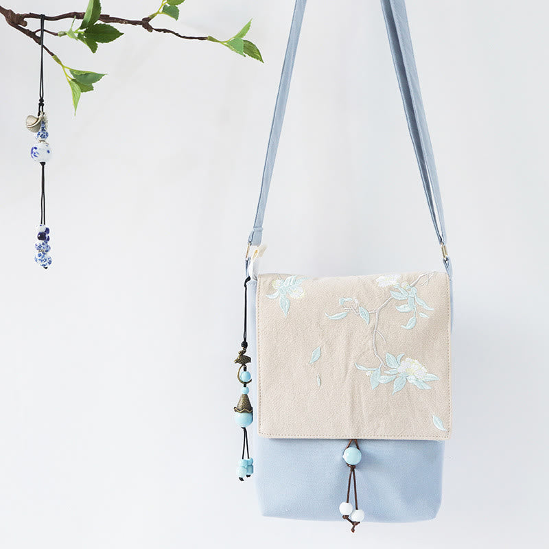 Handmade Canvas Crossbody Bag with Plum Flowers 20x23cm