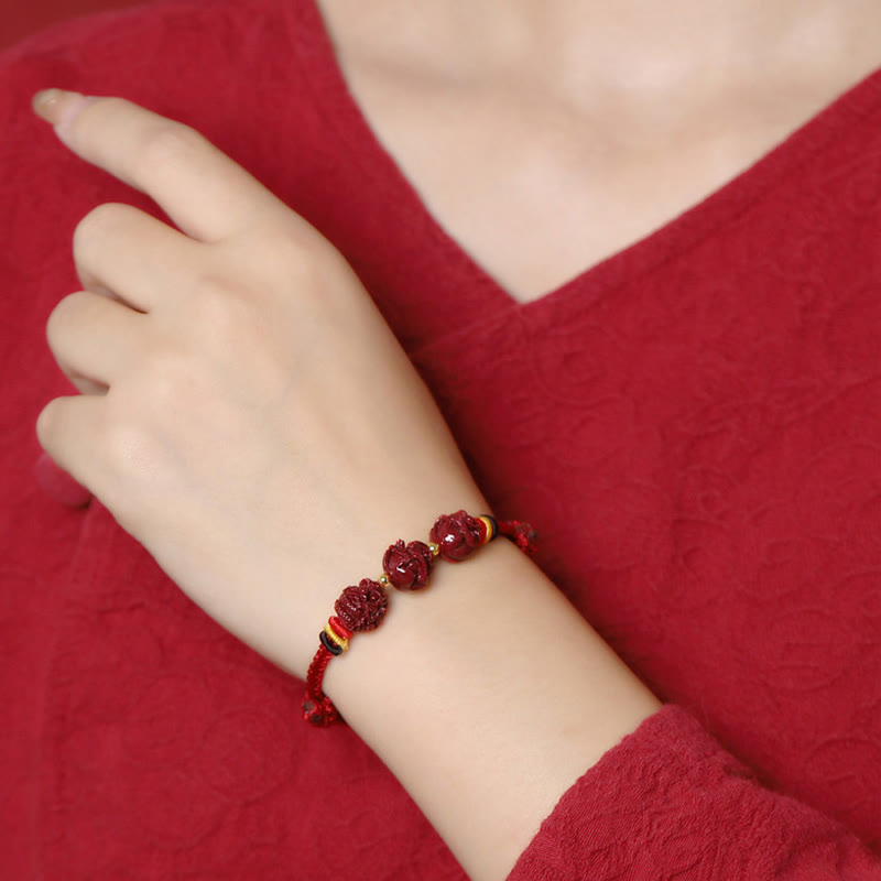 Handmade Cinnabar Chinese Zodiac Bracelet with Dark Red String Blessings