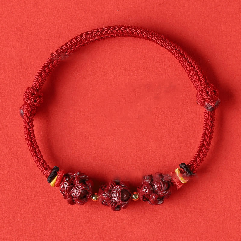 Handmade Cinnabar Chinese Zodiac Bracelet with Dark Red String Blessings