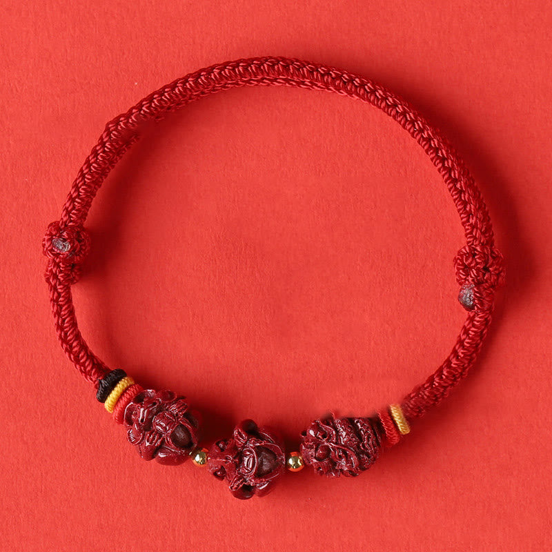 Handmade Cinnabar Chinese Zodiac Bracelet with Dark Red String Blessings