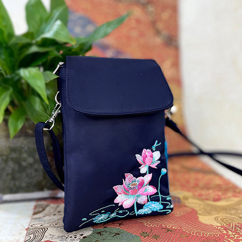 Handmade Embroidered Lotus Flowers Crossbody Bag Waterproof