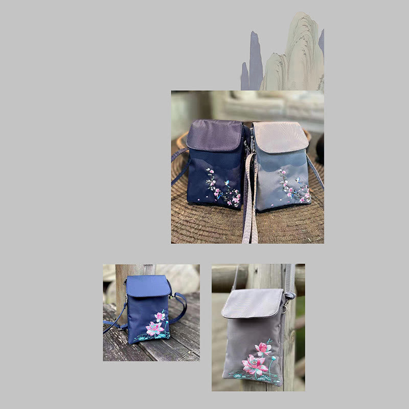 Handmade Embroidered Lotus Flowers Crossbody Bag Waterproof