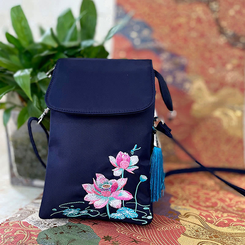 Handmade Embroidered Lotus Flowers Crossbody Bag Waterproof