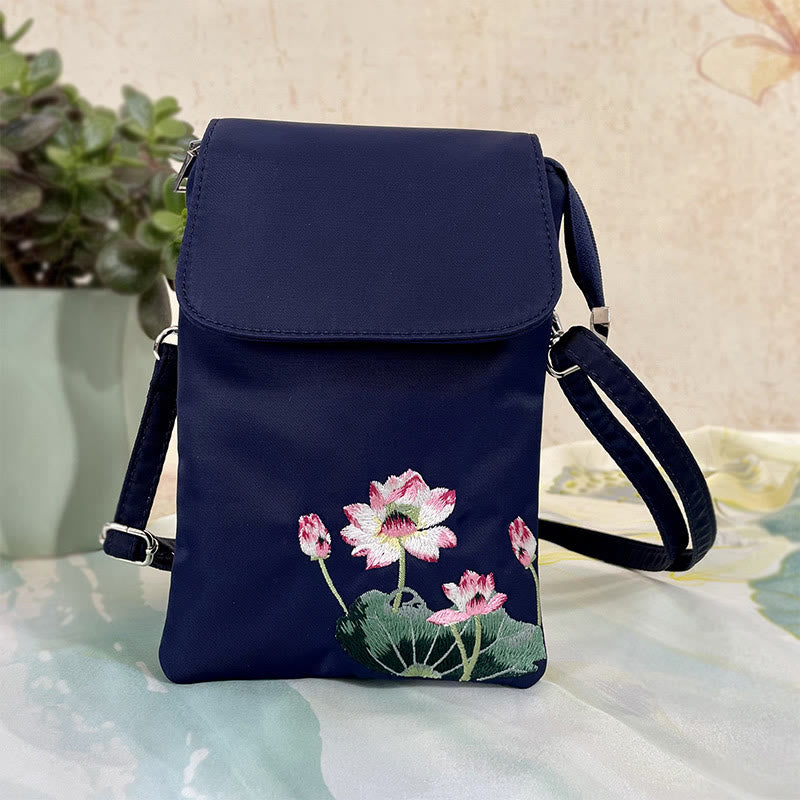 Handmade Embroidered Lotus Flowers Crossbody Bag Waterproof