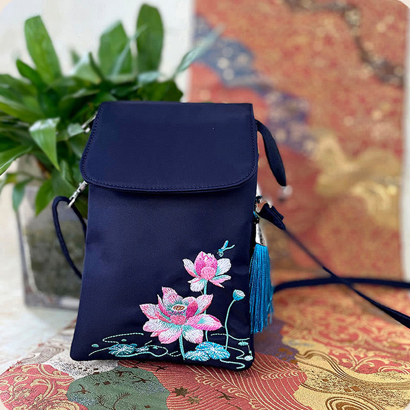 Handmade Embroidered Lotus Flowers Crossbody Bag Waterproof