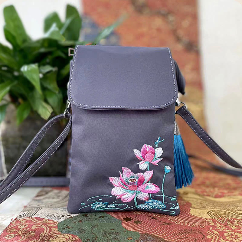Handmade Embroidered Lotus Flowers Crossbody Bag Waterproof