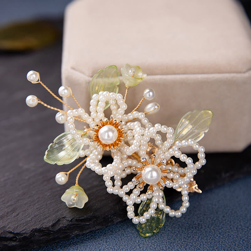 Handmade Flower Leaf Pearl Hair Clip With Tassel