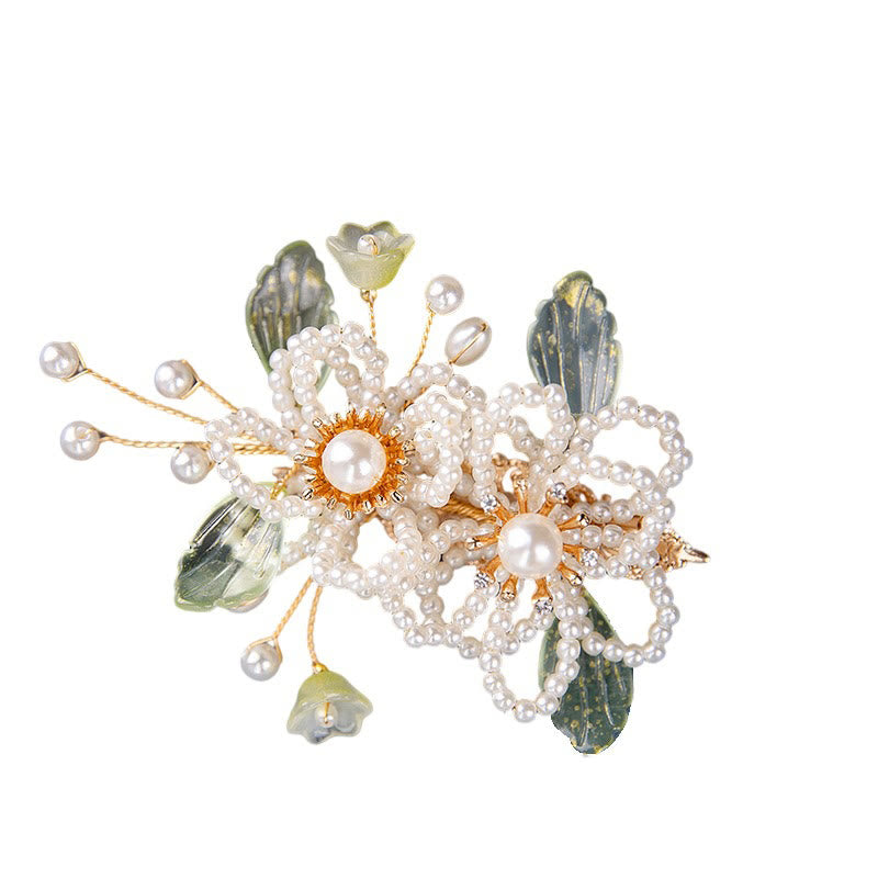 Handmade Flower Leaf Pearl Hair Clip With Tassel