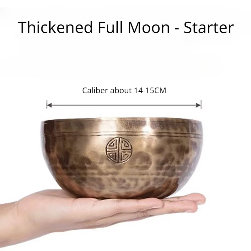 Hand-hammered Tibetan singing bowl with shou symbol, Handmade Full Moon design