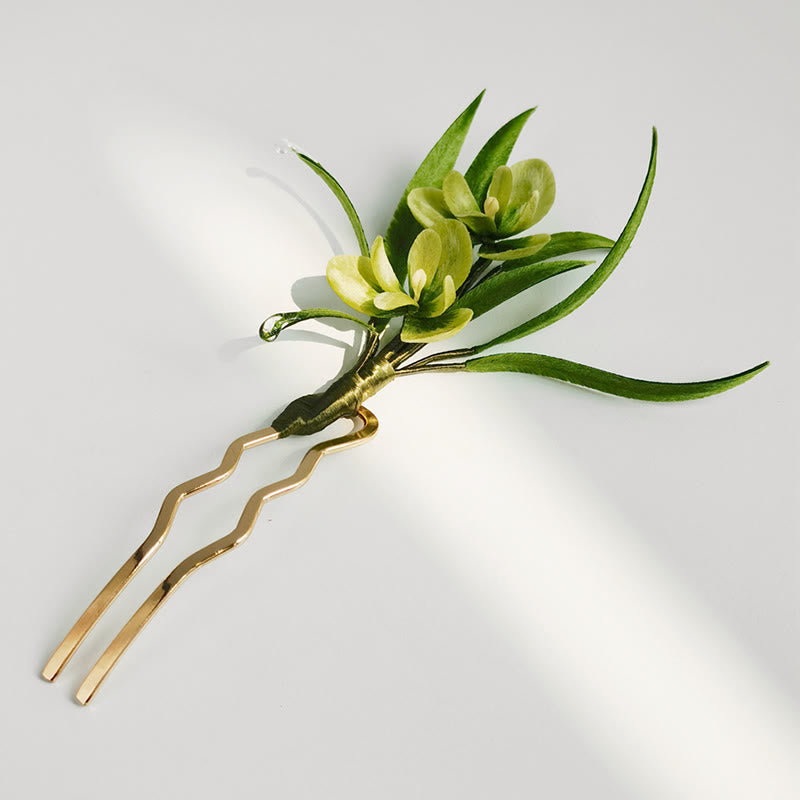 Handmade Green Flowers Leaves Brooch Hairpin Silk Craft