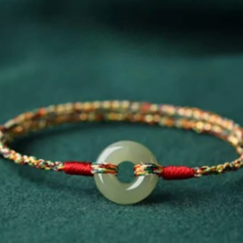 Handmade Jade Prosperity Bracelet with Peace Buckle Rope 14-17cm