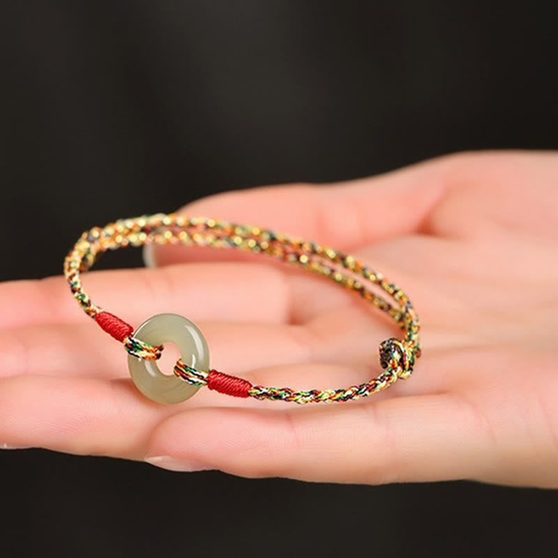 Handmade Jade Prosperity Bracelet with Peace Buckle Rope 14-17cm