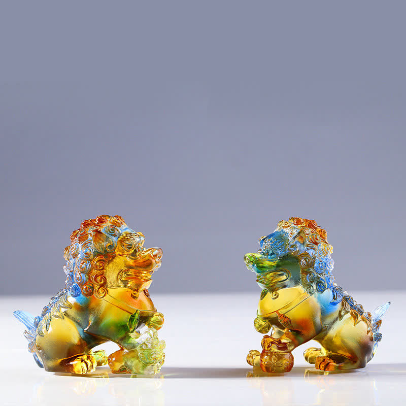 Handmade Liuli Crystal Lion Art Piece for Strength & Protection