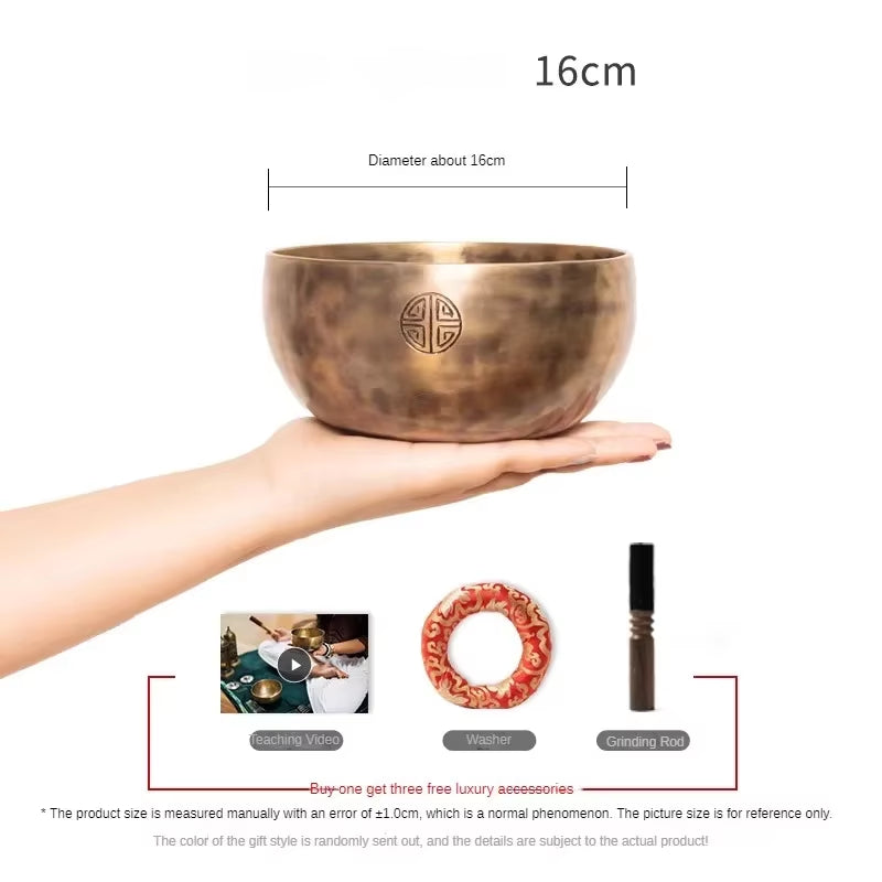 Bronze Tibetan singing bowl with etched symbol pattern in Handmade Tibetan Sound Bowl for Healing