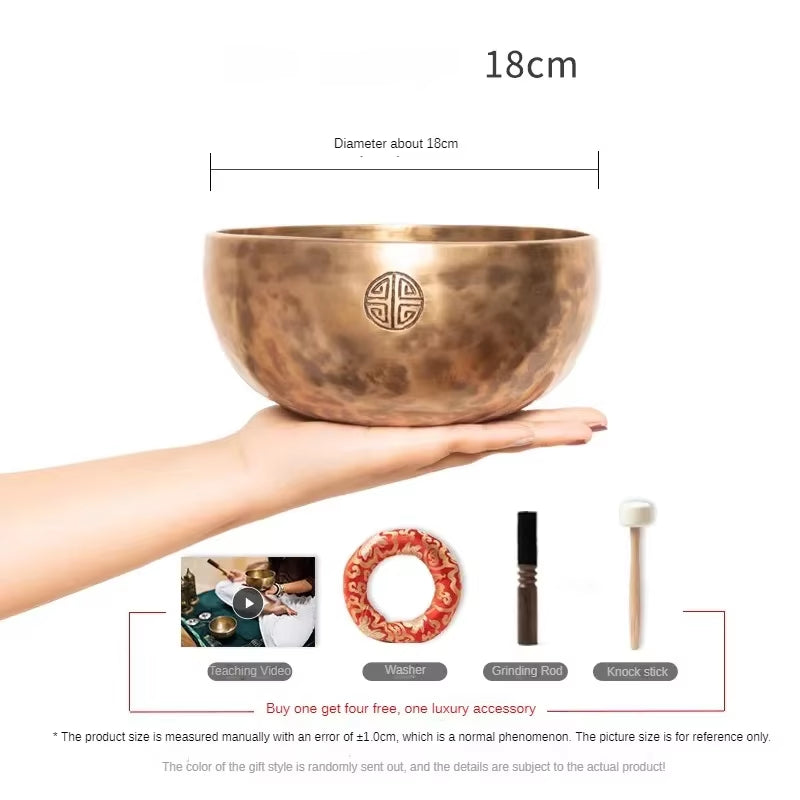 Hand-hammered copper Tibetan singing bowl with etched symbol for healing practices