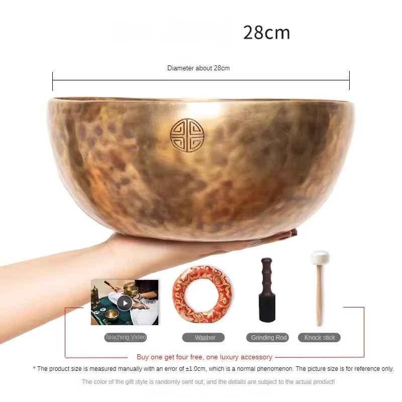 Hammered Copper Tibetan Singing Bowl with Shou Symbol for Healing Sound Therapy