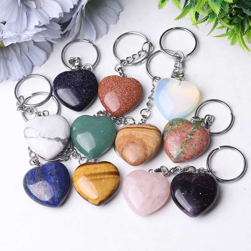 Heart Crystal Key Chain | 1.15in Carved Gemstone | Healing Gifts