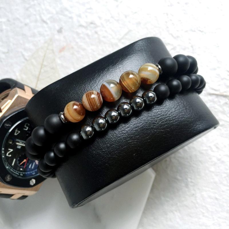 Hematite Agate Bracelet Set for Protection and Balance