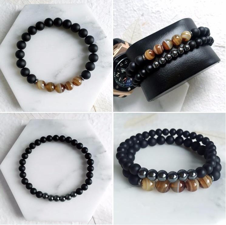 Hematite Agate Bracelet Set for Protection and Balance