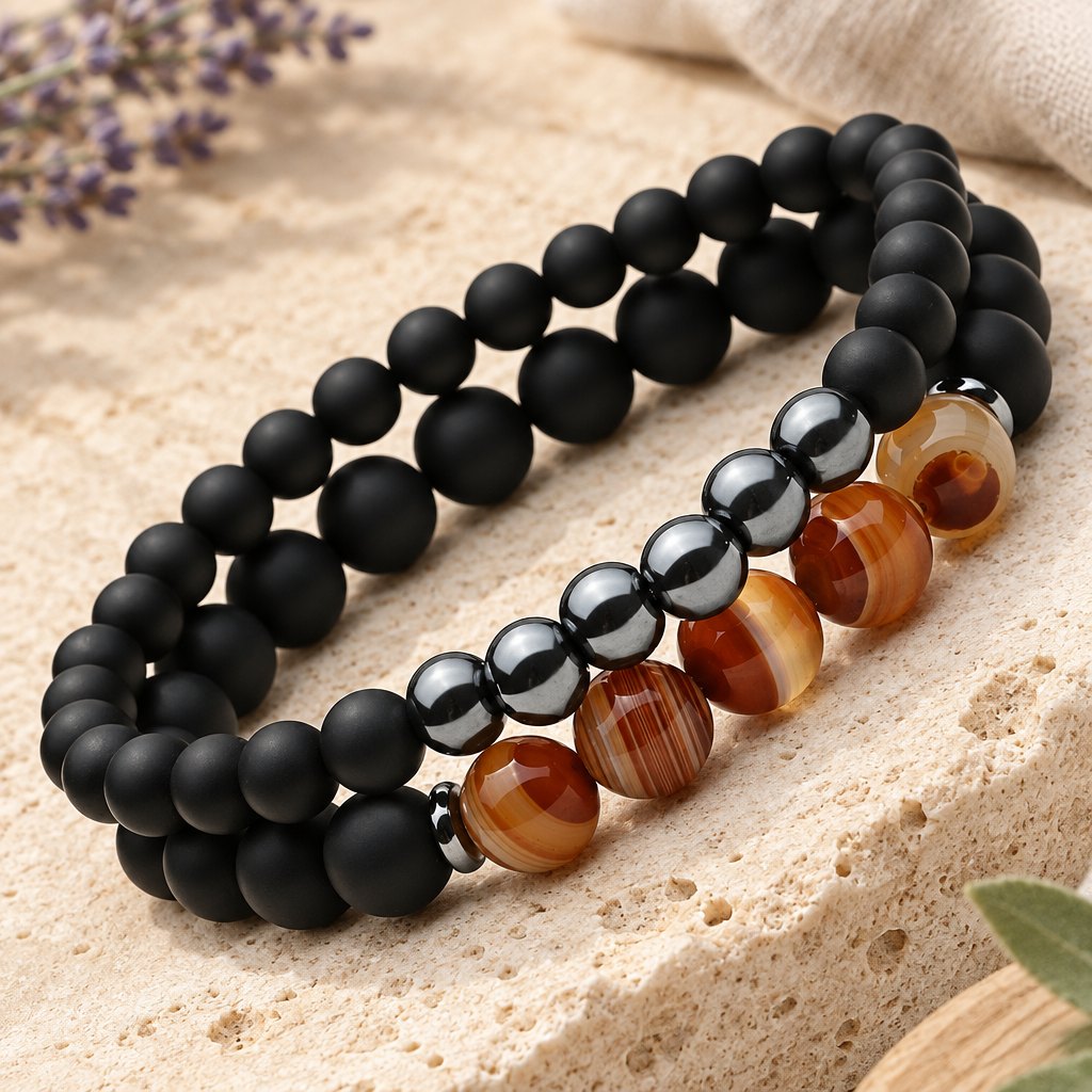 Hematite Agate Bracelet Set for Protection and Balance, both bracelets stacked, three-quarter view