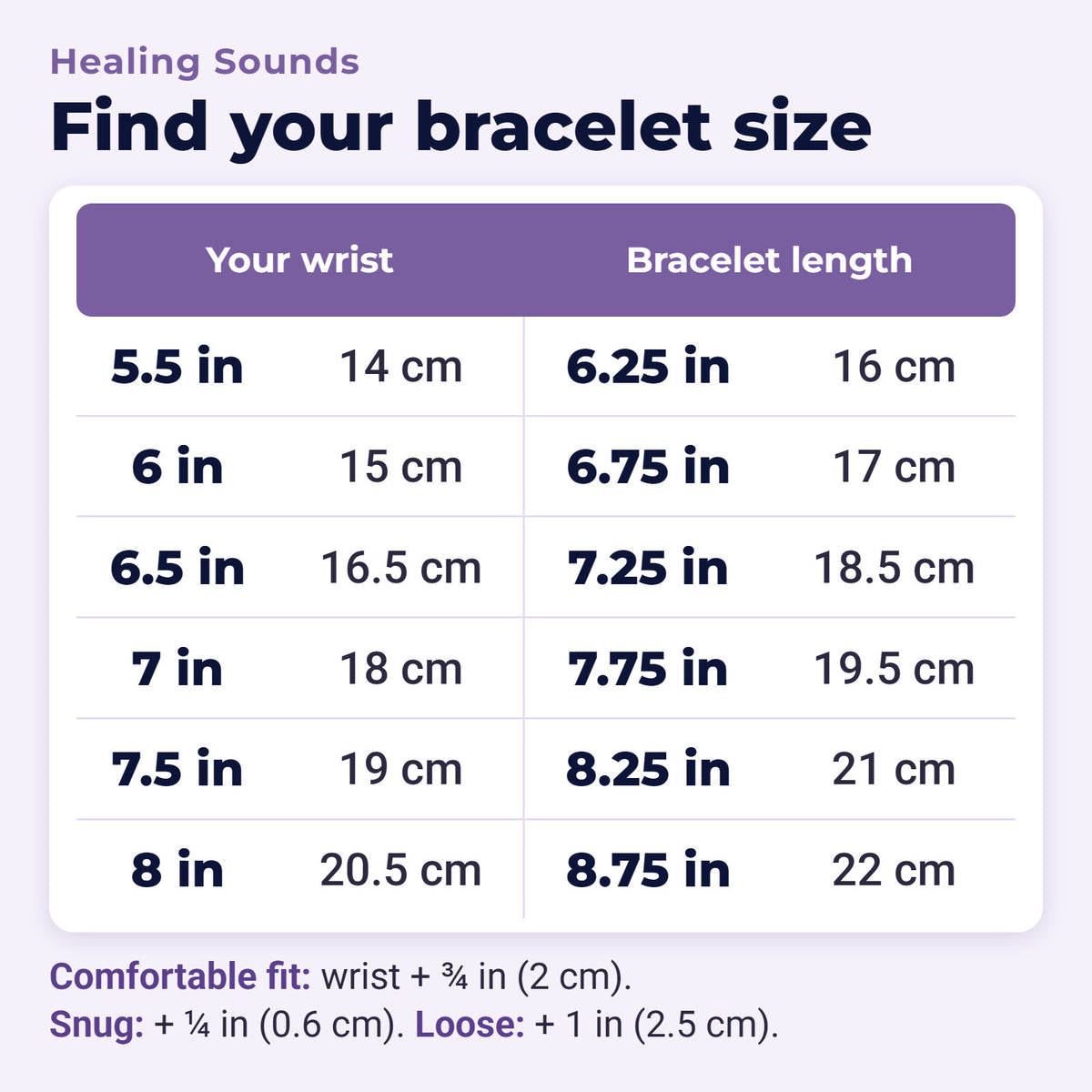 Hematite Agate Bracelet Set for Protection and Balance, bracelet size chart in inches and centimetres