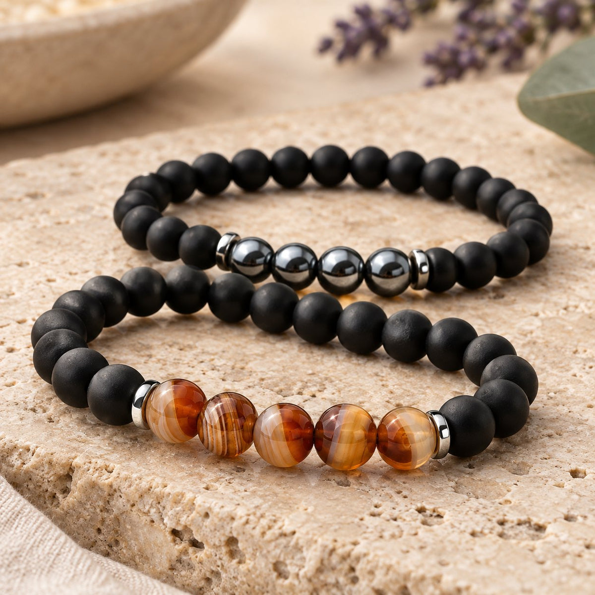 Hematite Agate Bracelet Set for Protection and Balance, close-up of the material and finish