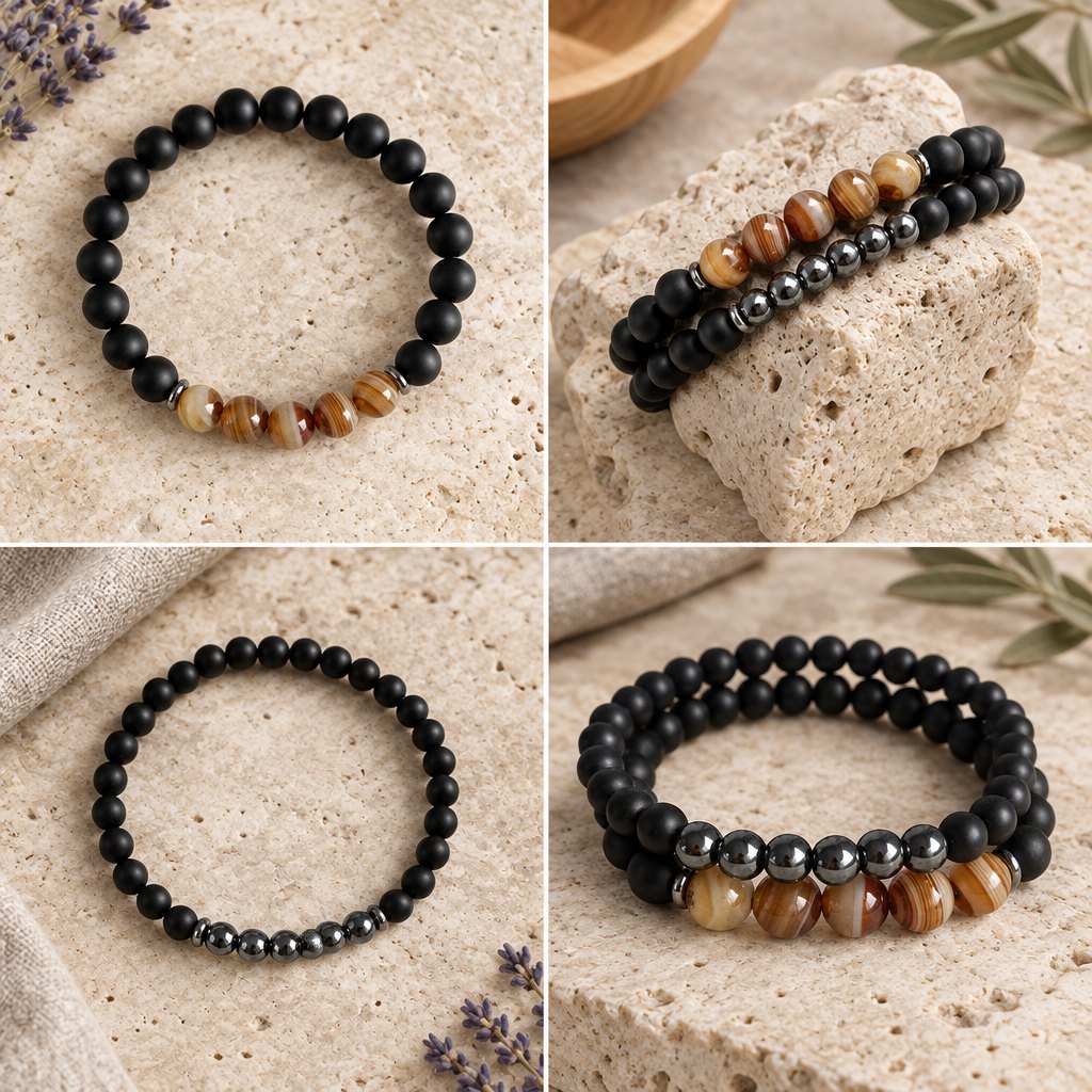 Hematite Agate Bracelet Set for Protection and Balance, four-panel collage of bracelets