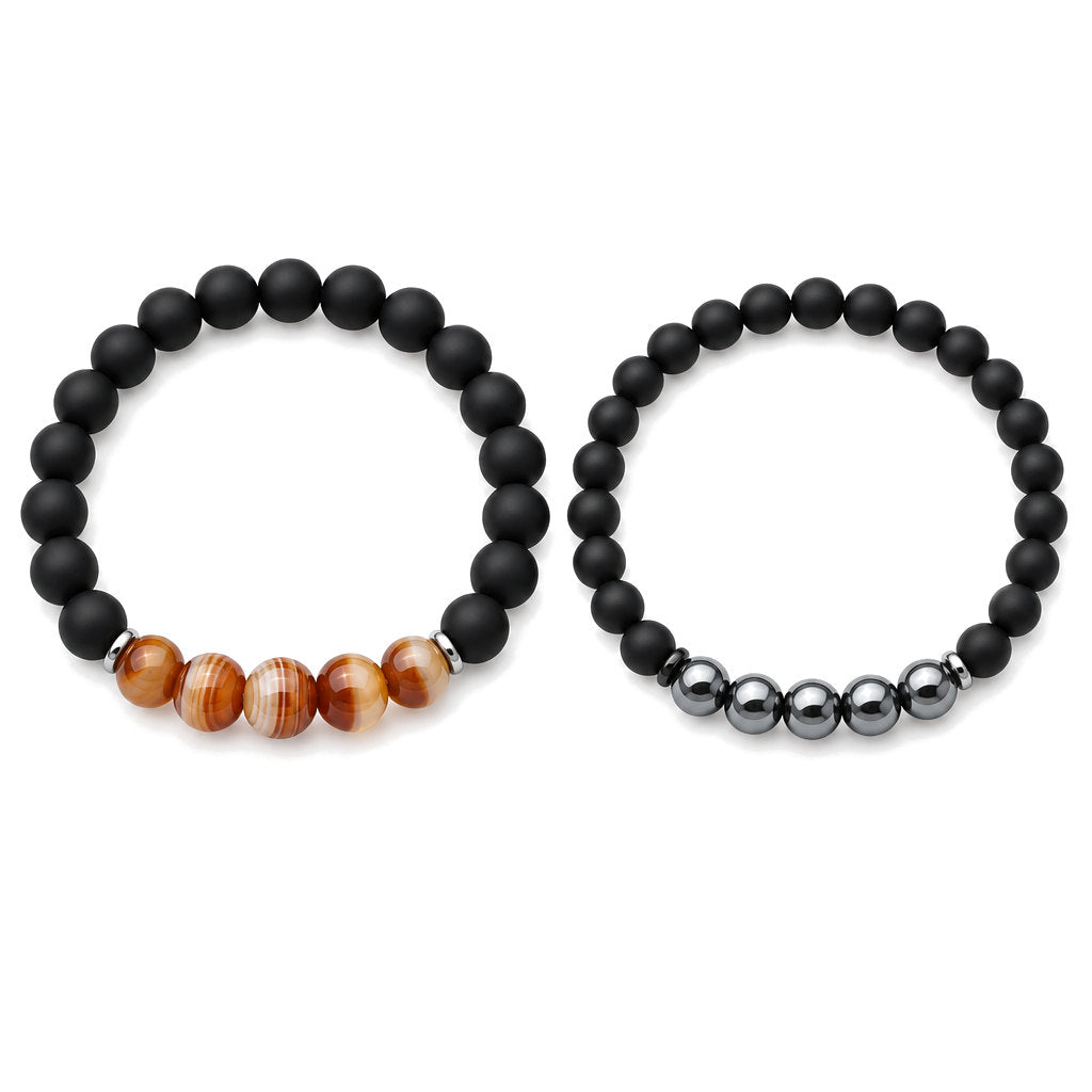 Hematite Agate Bracelet Set for Protection and Balance, laid flat on a white background
